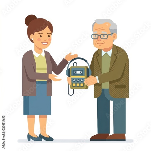 Young woman helping senior man with vintage audio player