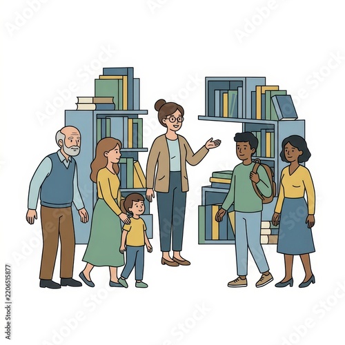 Diverse group of people in library reading and studying