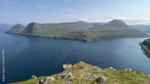 Pan View of Hvithamar viewpoint on Eysturoy island in Faroe Islands in Summer Sunny Day. 