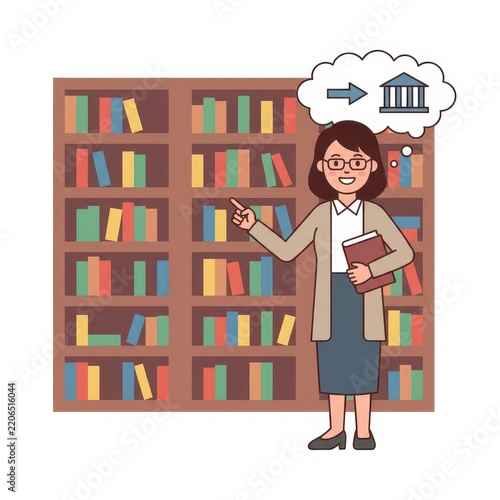 Librarian pointing at bookshelf in library