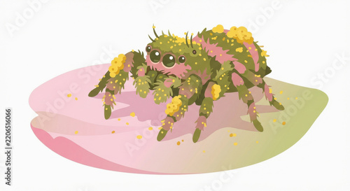 Creepy flower covered spider on pastel leaf showing eerie expression