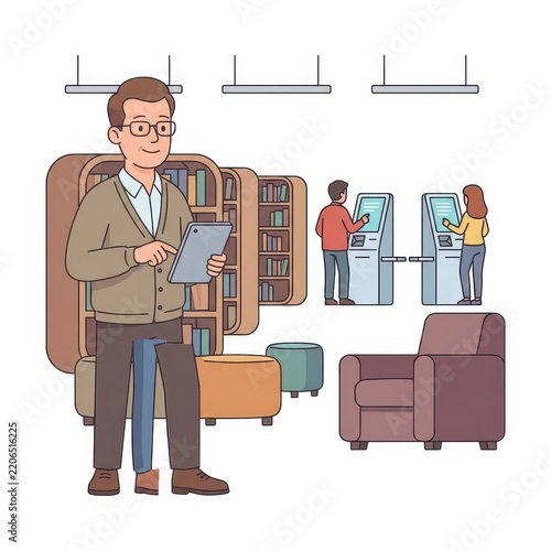 People using self service kiosks in modern library