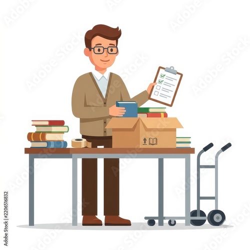 Man packing books in cardboard box with checklist
