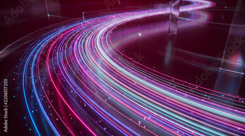Curved neon light beams flowing through a dark space with light streaks