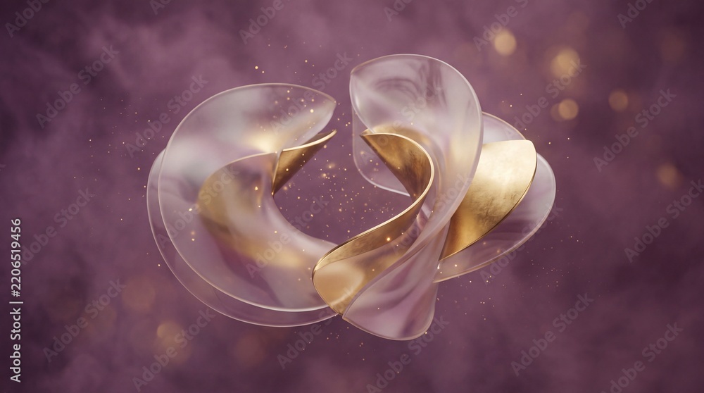 Obraz premium Abstract Elegant 3D Ribbon Art with Golden Accents and Translucent Curves on Dark Purple Background with Sparkles