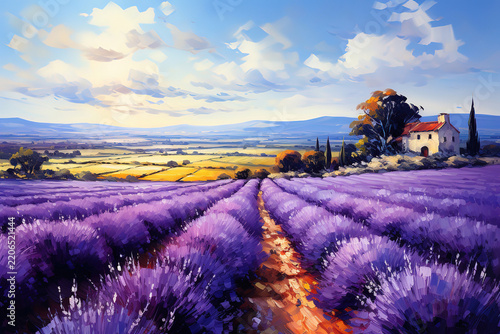 Oil Painting of a Serene Lavender Field, Capturing the Beauty of Blooming Flowers