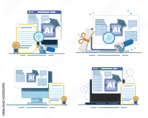 Artificial intelligence course set, online learning, certification programs, AI training, digital education, professional development, and machine learning study concept with vector icons