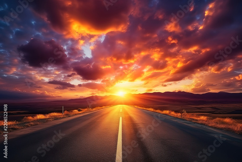 Picturesque Road Stretching Toward a Beautiful Sunset Sky