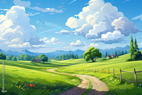 Serene Summer Scene of Green Grass and Winding Roads