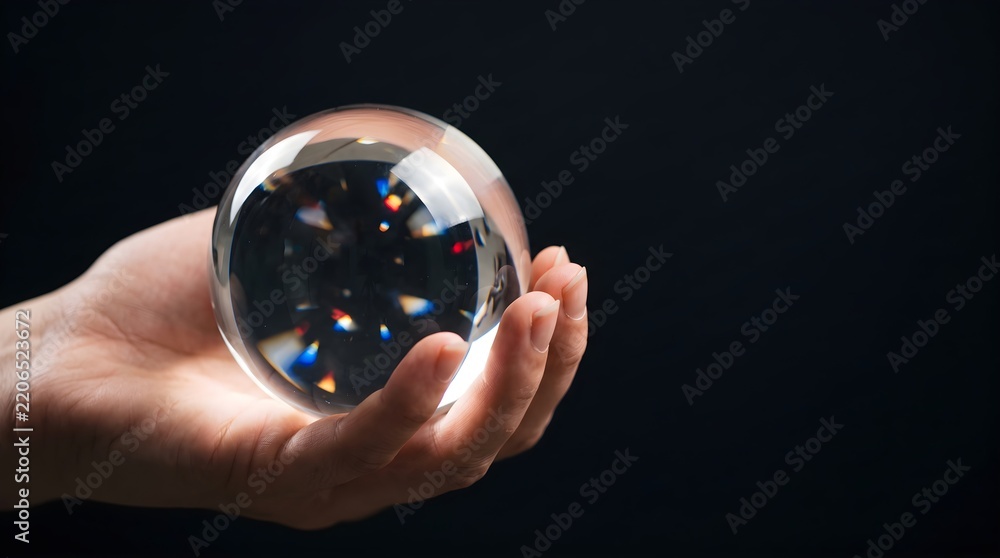 Obraz premium Macro Shot of a Hand Holding a Clear Glass Sphere with Prismatic Refraction, Copy Space