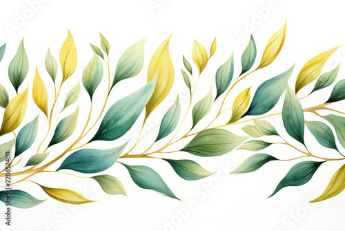 Charming Watercolor Seamless Border with Lush Green Leaves and Golden Accents