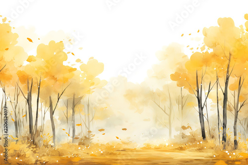 Autumn Woods Banner Background in Watercolor Style, Featuring Warm Yellow Hues