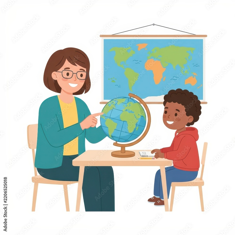 Fototapeta premium Teacher and student studying geography with globe