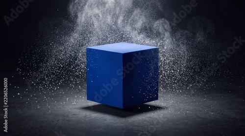 Abstract Blue Cube Levitating in Dust Cloud with Dramatic Studio Lighting on Black Background 3D Render Design