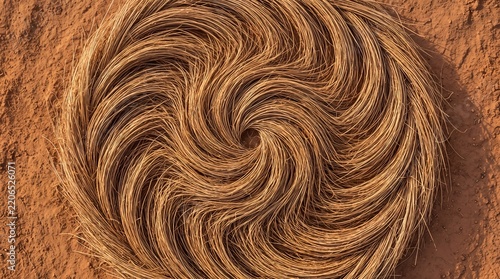 Spiral of Dry Grass and Straw on Red Desert Soil Surface Top View Organic Art Texture Background Design Pattern