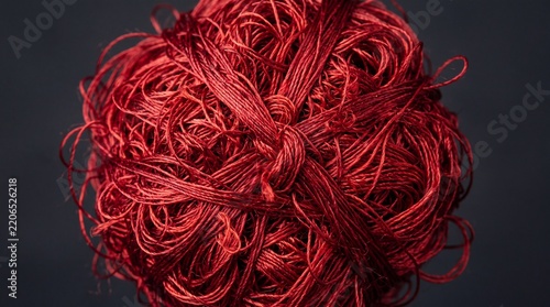 Macro View of Messy Red Yarn Ball Representing Entanglement Chaos and Intricate Textile Craft Material