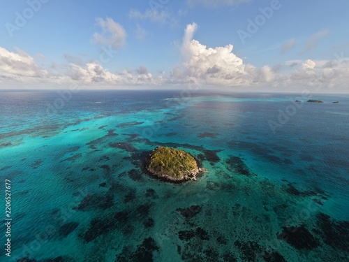 Aerial View of Crab Cay Cayo Cangrejo Surrounded by Turquoise Waters and Coral Barrier Reef in Providencia Island, Colombia Caribbean Sea Travel Destination Microstock Photography Background