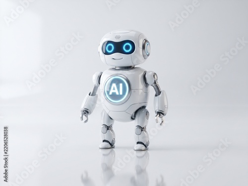 Cute White Friendly AI Robot with Glowing Blue Eyes and Round AI Chest Badge Standing on a Clean White Background
