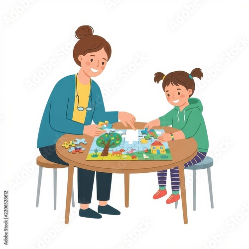 Teacher and girl playing jigsaw puzzle in kindergarten