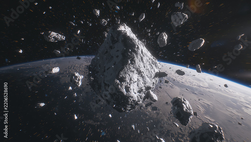 Obraz na płótnie 惑星の上空で破片を散らす小惑星の想像図