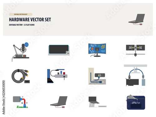 Computer Hardware and Peripherals Vector Icons Set.