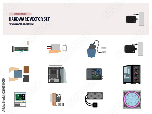 Computer Hardware Vector Set Featuring Various Components and Peripherals.