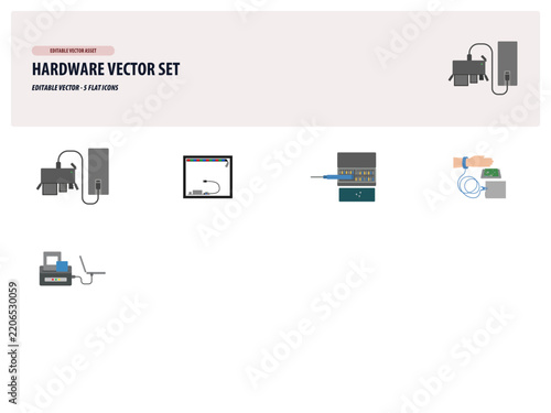 Computer Hardware Vector Set with Cables and Peripherals.