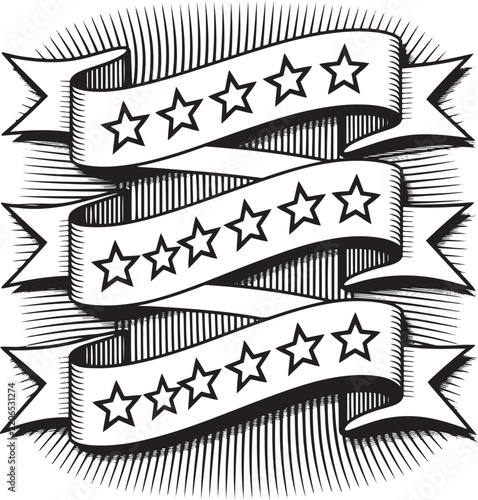 Vintage 3 Tier Ribbon Banner Vector with Stars and Sunburst, Retro Triple Scroll Design Element for Awards, Titles, and Labels