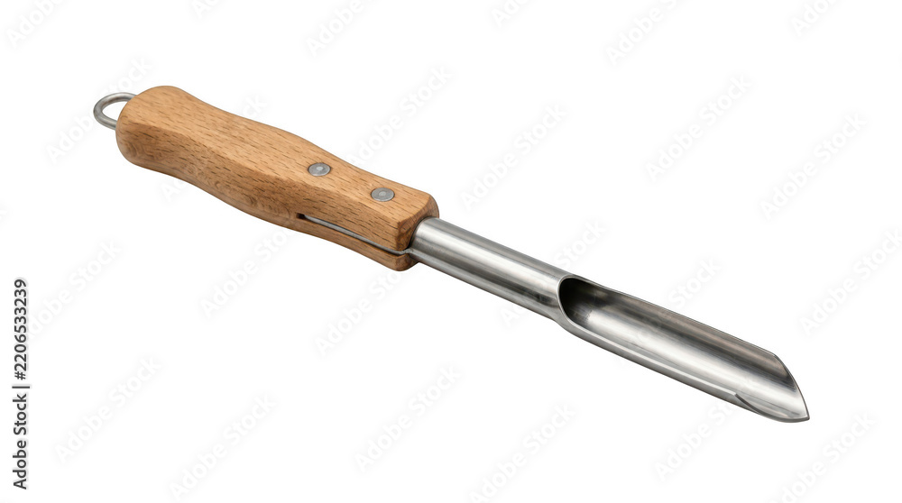 Fototapeta premium Stainless steel fruit corer tool with a wooden handle for kitchen preparation tasks transparent background