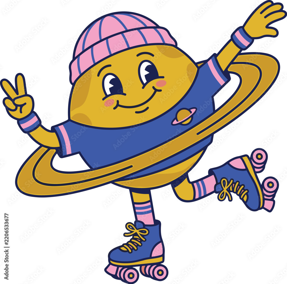Obraz premium Retro Saturn planet character in vibrant colors featuring roller skates and beanie for sticker vector illustration