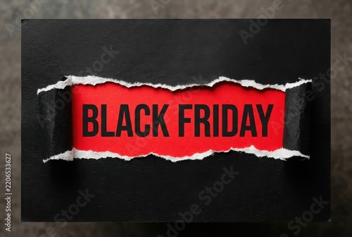Black Friday Sale Banner with Torn Paper Effect Revealing Red Background and Bold Text