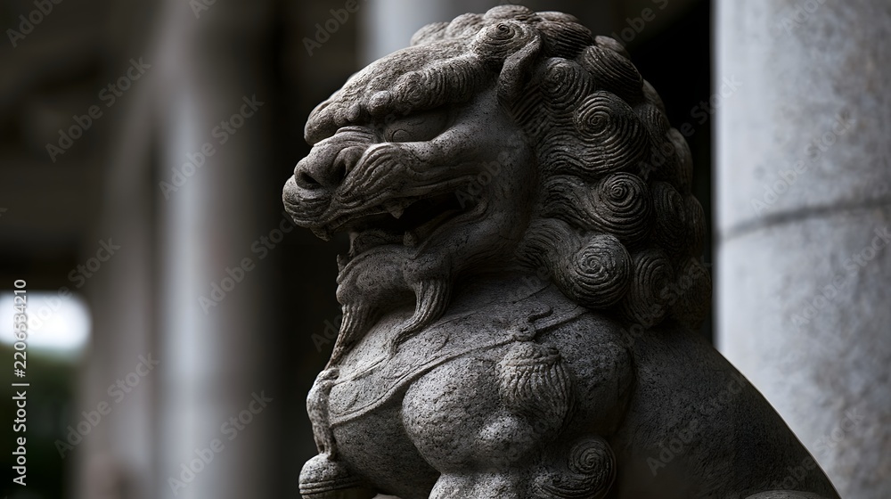 Obraz premium Close up of a traditional stone guardian lion statue with detailed carved mane and fierce expression positioned beside a column in an architectural