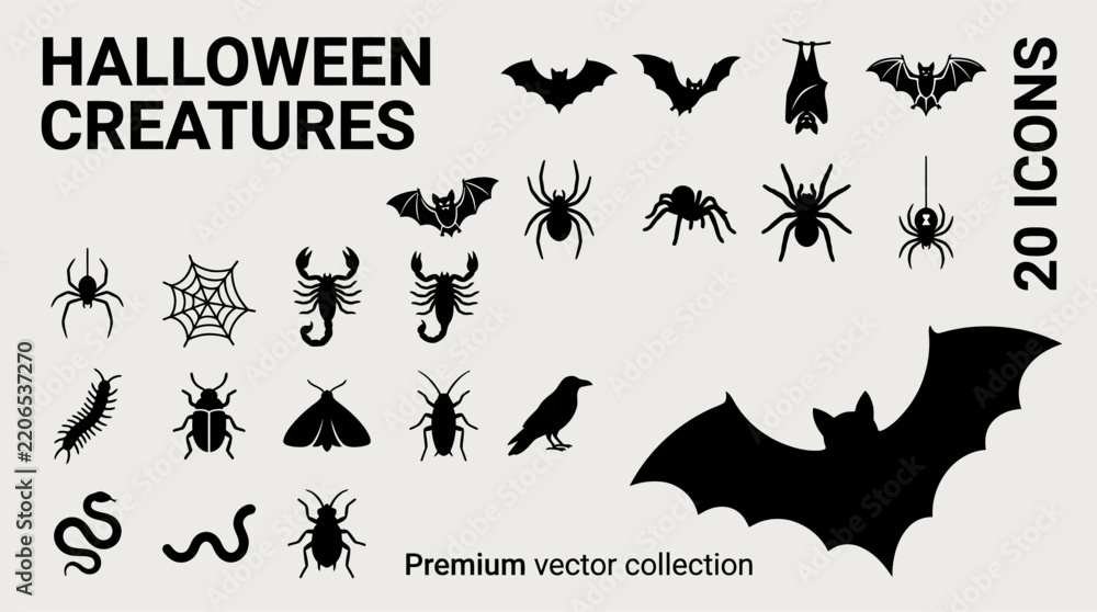 Fototapeta premium Halloween creatures vector collection featuring bats, spiders, ghosts, and monsters for spooky greeting cards, social