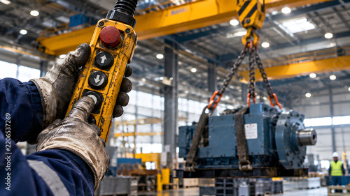 Operator controlling overhead crane pendant switch to lift heavy industrial machinery.