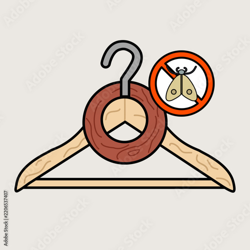 Flat illustration vector icon of a solid natural birch wooden coat hanger with an aromatic cedar moth-repellent hanging ring, closet care vector. Sustainable Fashion Icon Concept.