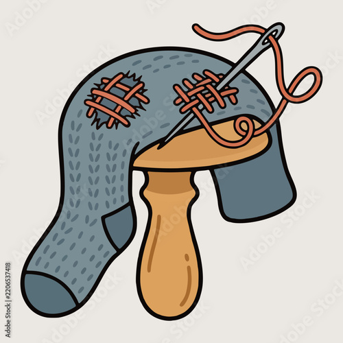Flat illustration vector icon of a traditional turned-wood darning mushroom tool supporting a woolen sock for mending holes, visible repair craft vector. Sustainable Fashion Icon Concept.