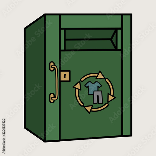 Flat illustration vector icon of an industrial garment collection drop box with circular arrows textile recycling symbol, circular fashion icon. Sustainable Fashion Icon Concept.