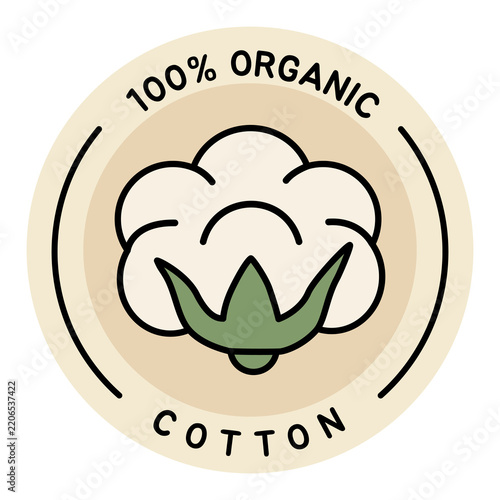 Flat illustration vector icon of an open raw organic cotton boll capsule tagged with an eco-certified green leaf label, sustainable material vector. Sustainable Fashion Icon Concept.