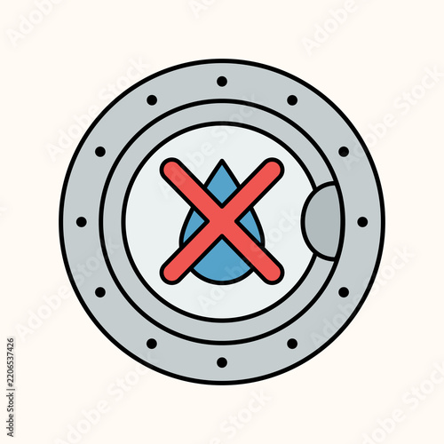 Flat illustration vector icon of a washing machine drum symbol paired with a crossed-out water droplet, representing water-saving laundry care. Sustainable Fashion Icon Concept.
