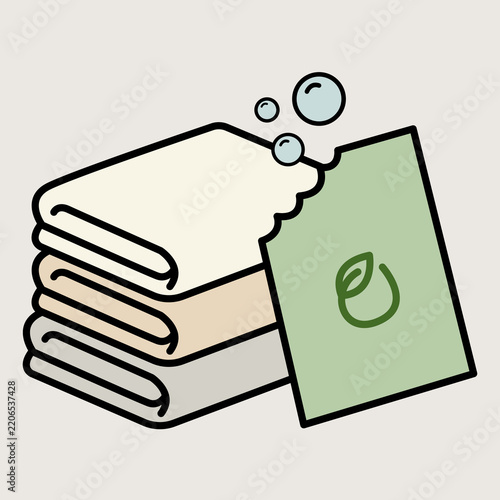 Flat illustration vector icon of an ultra-concentrated plastic-free dissolvable laundry detergent paper strip resting beside folded linen, zero waste vector. Sustainable Fashion Icon Concept.