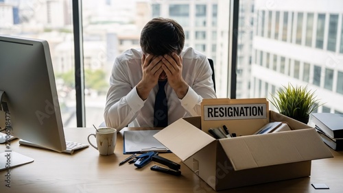 Man sitting at desk with resignation box and computer