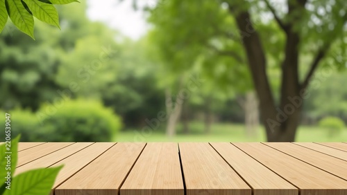 Serene wooden deck in a lush green park