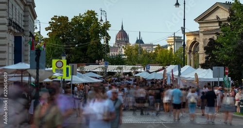 Budapest Hungary timelapse overlooking Hungarian Parliament dome across Miklos ter during Saint Stephen Day festival celebration