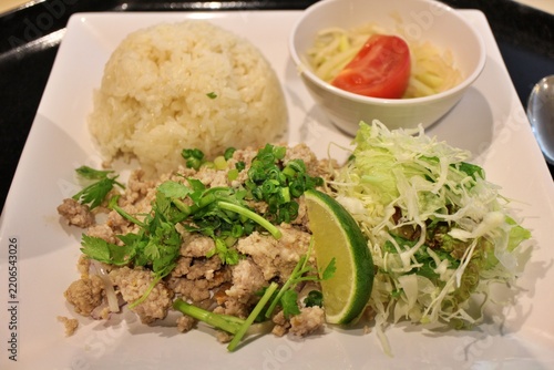 Fotografie Lao cuisine: larb moo (minced pork salad) with khao niao (sticky rice)