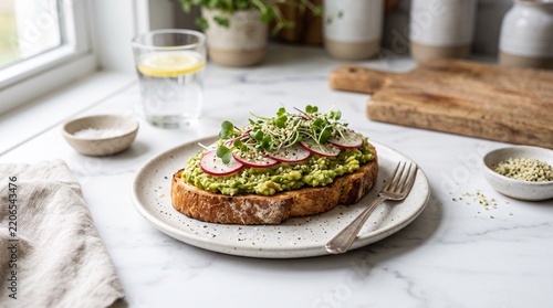 Healthy avocado toast with radish and microgreens on a plate in bright kitchen setting