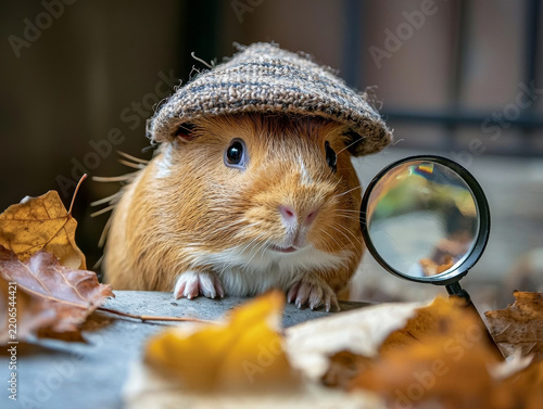 Close-up of an inquisitive orange guinea pig wearing a patterned cap, next to a magnifying glass and golden autumn leaves