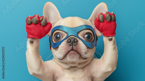 Cute dog wears blue eye mask and red paw gloves with exposed pads, raising its hands heroically against blue