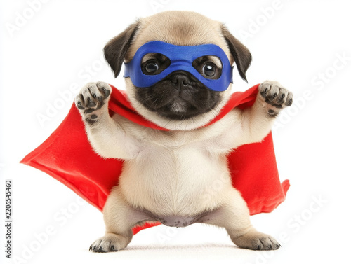 Cute pug puppy in a red cape and blue mask, striking a superhero pose on a white background
