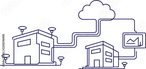 Smart Buildings Connected to Cloud Network with Data Chart Monitor Line Icon Illustration