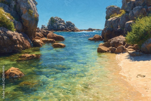 Turquoise coastal inlet between rugged sunlit cliffs with clear shallow water, sandy beach, rocky shoreline, and distant ocean horizon, digital landscape illustration